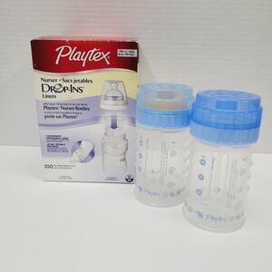 Vtg Playtex Drop-ins Nurser Baby Bottles Set Of 2 1 Nipple Blue 4oz + 100 Liners
